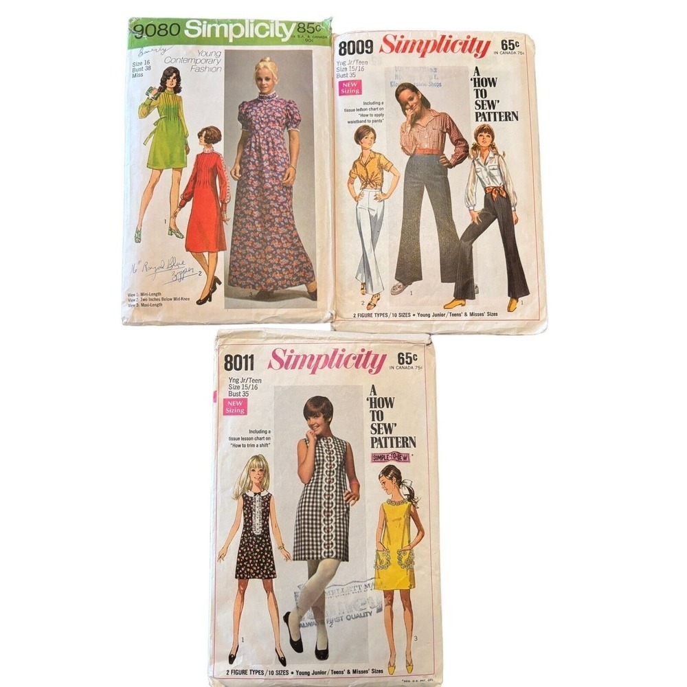 VINTAGE TEEN JR sz 15/16 SEWING PATTERNS DRESSES Pants Retro Boho Simplicity